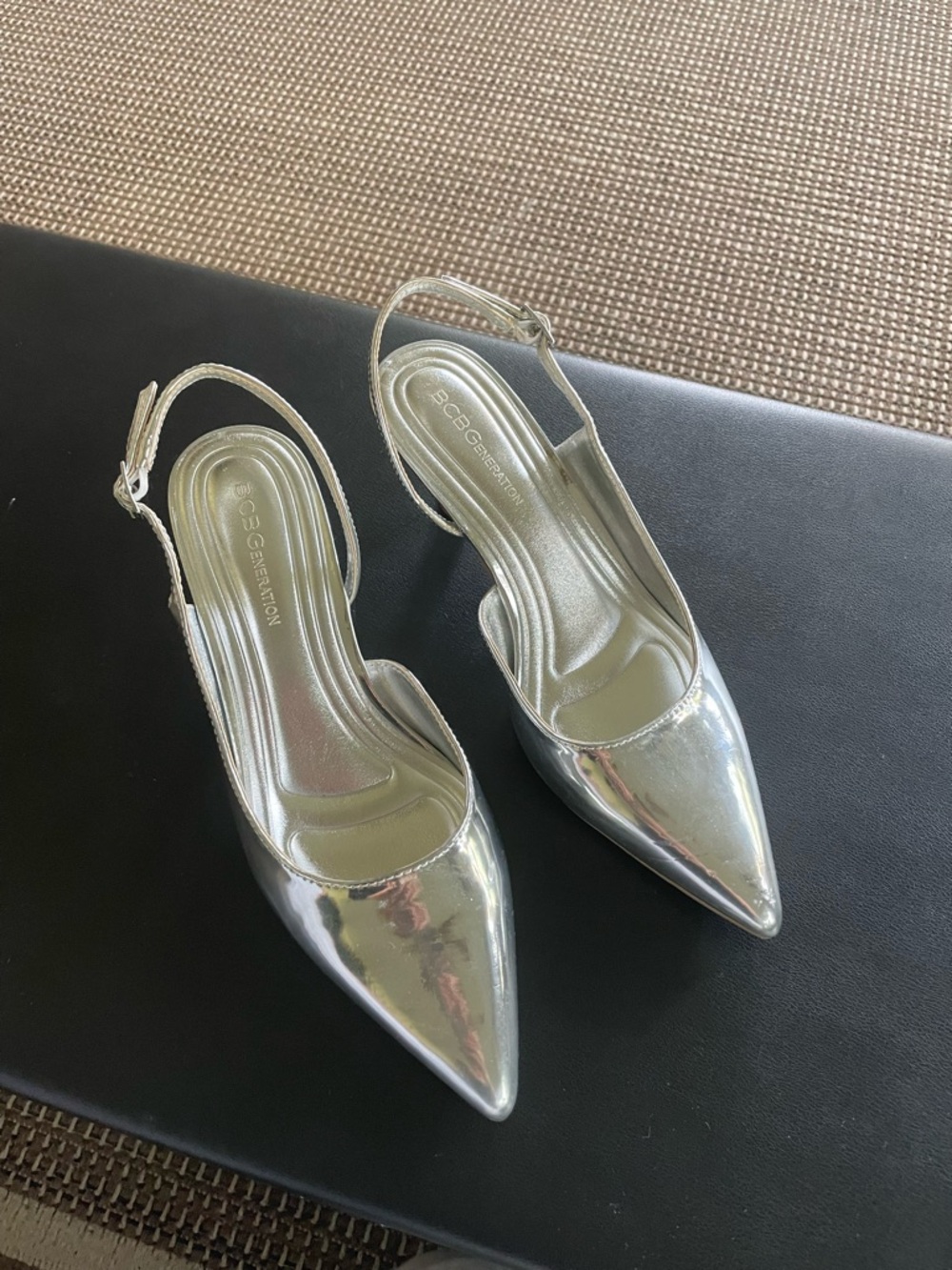 BCBGeneration Silver Pointed Slingback Heels